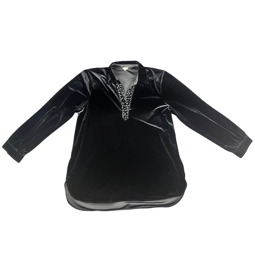 Reba Womens XL Black Velvet Rhinestone V-Neck Tunic Top Long Sleeve High-Low Hem